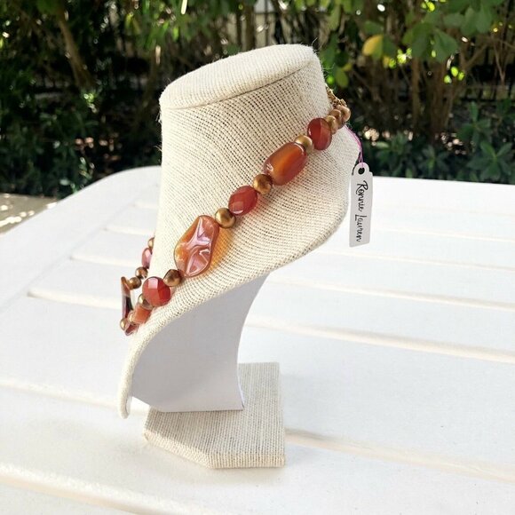 NWT Genuine Carnelian, Agate, Czech Crystal & Pearl Beaded Necklace Orange - Picture 3 of 5